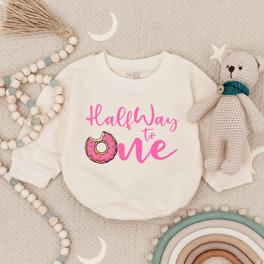 Sweet Half Way to One Donut Romper! Baby Girl's 1/2 Birthday Outfit, Sprinkles Bodysuit, Cute Donut Theme Party Clothes, Pink Donut Bodysuit (138 chars)