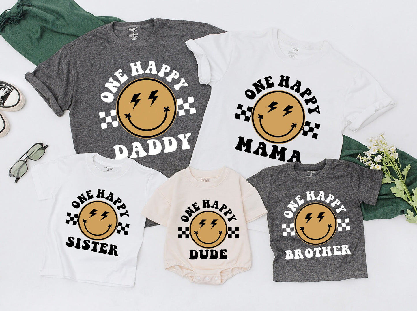 One Happy Dude Matching Birthday Shirt Bodysuit Romper for Baby Boy Retro Smiley Lightning Checkerboard Design First Birthday Celebration Family Gift