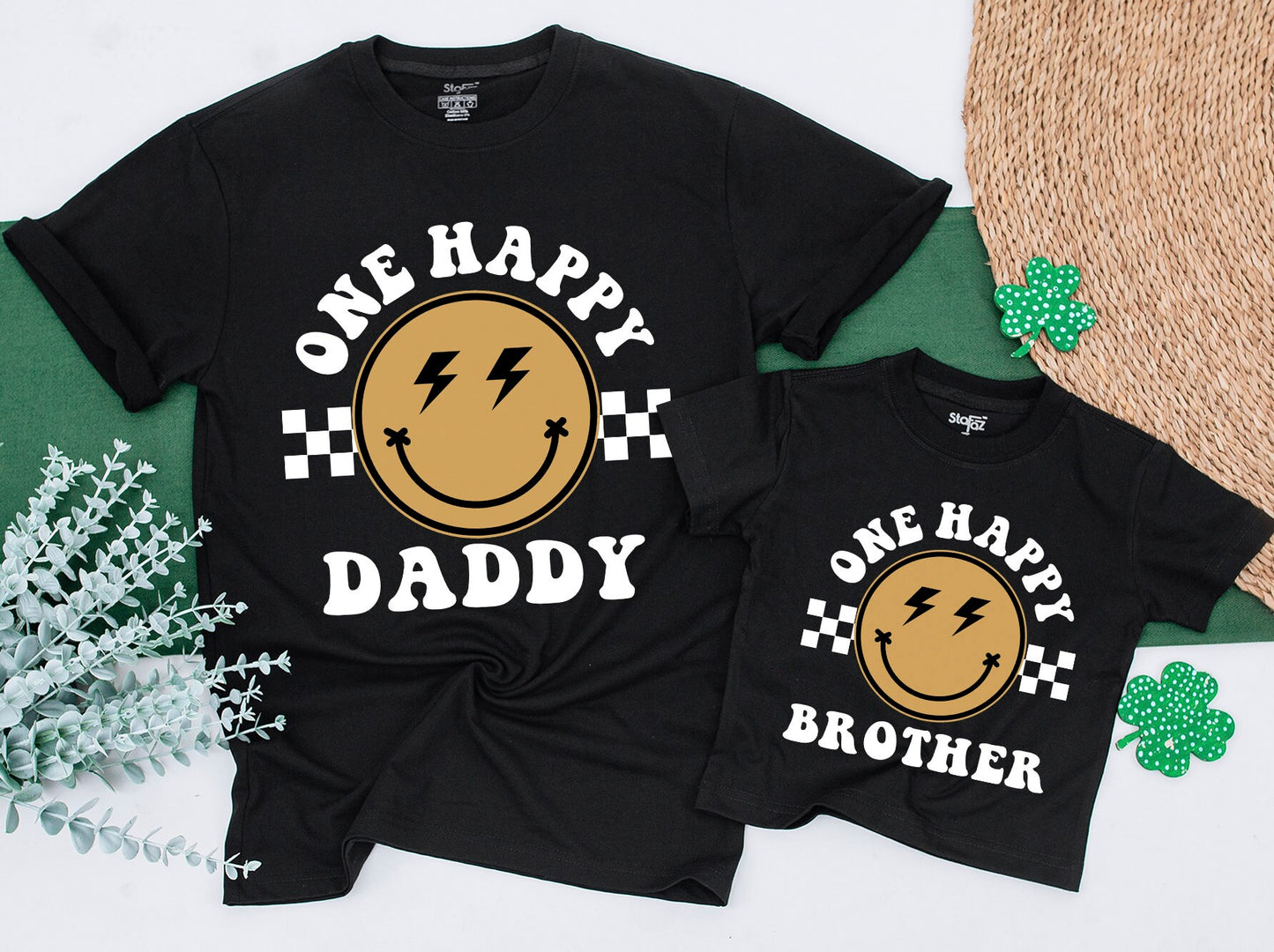 One Happy Dude Matching Birthday Shirt Bodysuit Romper for Baby Boy Retro Smiley Lightning Checkerboard Design First Birthday Celebration Family Gift