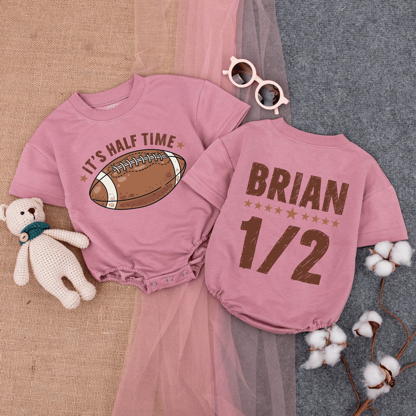 Personalized Football It's Halftime Bubble Romper Baby Half Birthday Outfit Gameday Short Sleeve Bodysuit Summer Infant Clothes