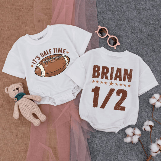 Personalized Football It's Halftime Bubble Romper Baby Half Birthday Outfit Gameday Short Sleeve Bodysuit Summer Infant Clothes