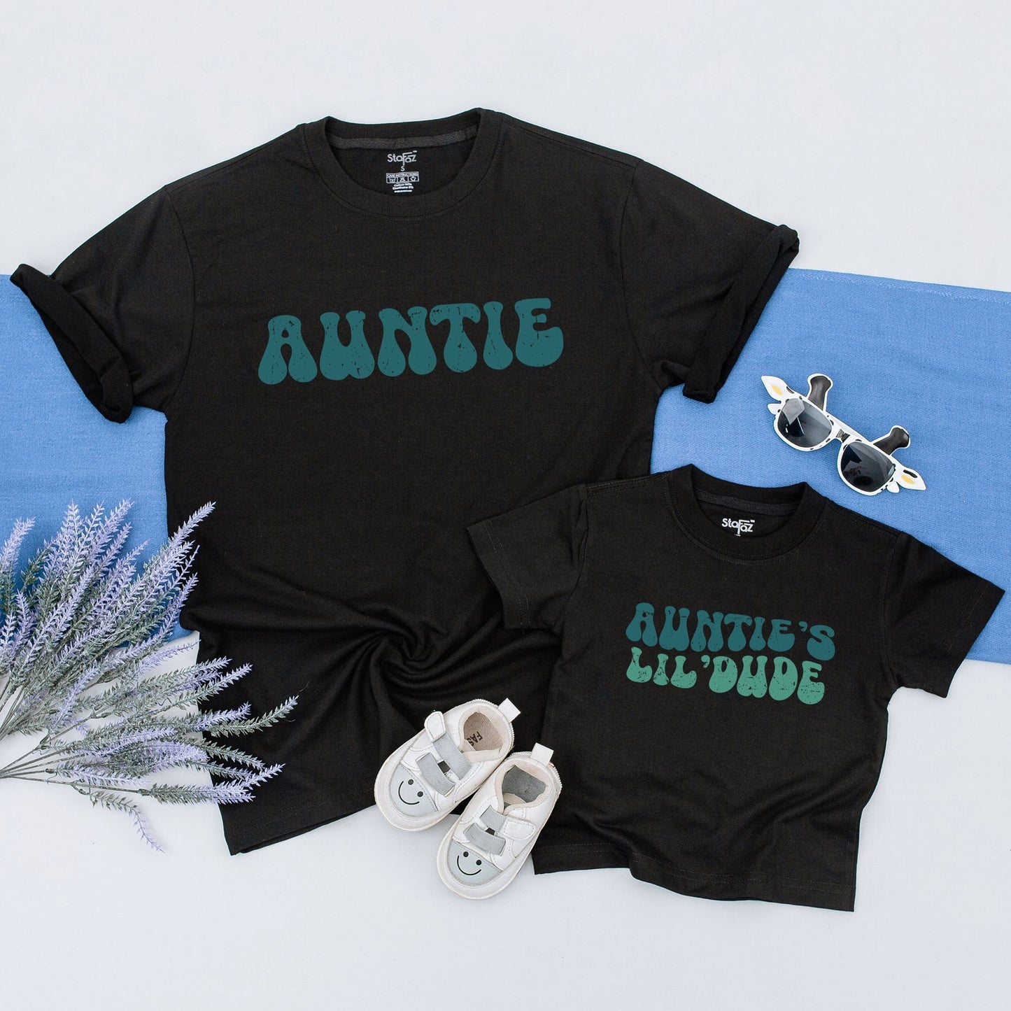 Retro Auntie's Lil' Dude Matching Set - Vintage Font Aunt and Nephew Outfits, Distressed Print, Personalized Auntie Gift, Cool Aunt, Baby Onesie