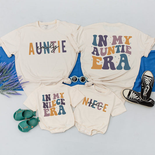 In My Auntie Era Retro Shirt, Matching Niece Nephew Family Outfit, Cute Auntie Gift, Block Font Sweatshirt, Baby Shower Tee, Comfortable Cotton (136 chars)