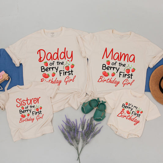 Matching Berry First Birthday Family Shirts for Sweet One Birthday Girl with Strawberry Pink Red Design for Mom Dad Grandma Grandpa
