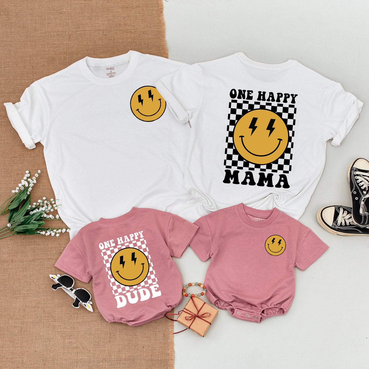One Happy Dude Birthday Shirt Smiley Face Outfit Baby Boy First Birthday Family Matching Mommy and Me Cotton Casual Party Celebration Clothes