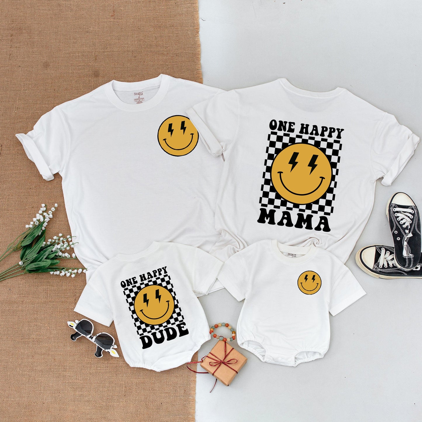 One Happy Dude Birthday Shirt Smiley Face Outfit Baby Boy First Birthday Family Matching Mommy and Me Cotton Casual Party Celebration Clothes