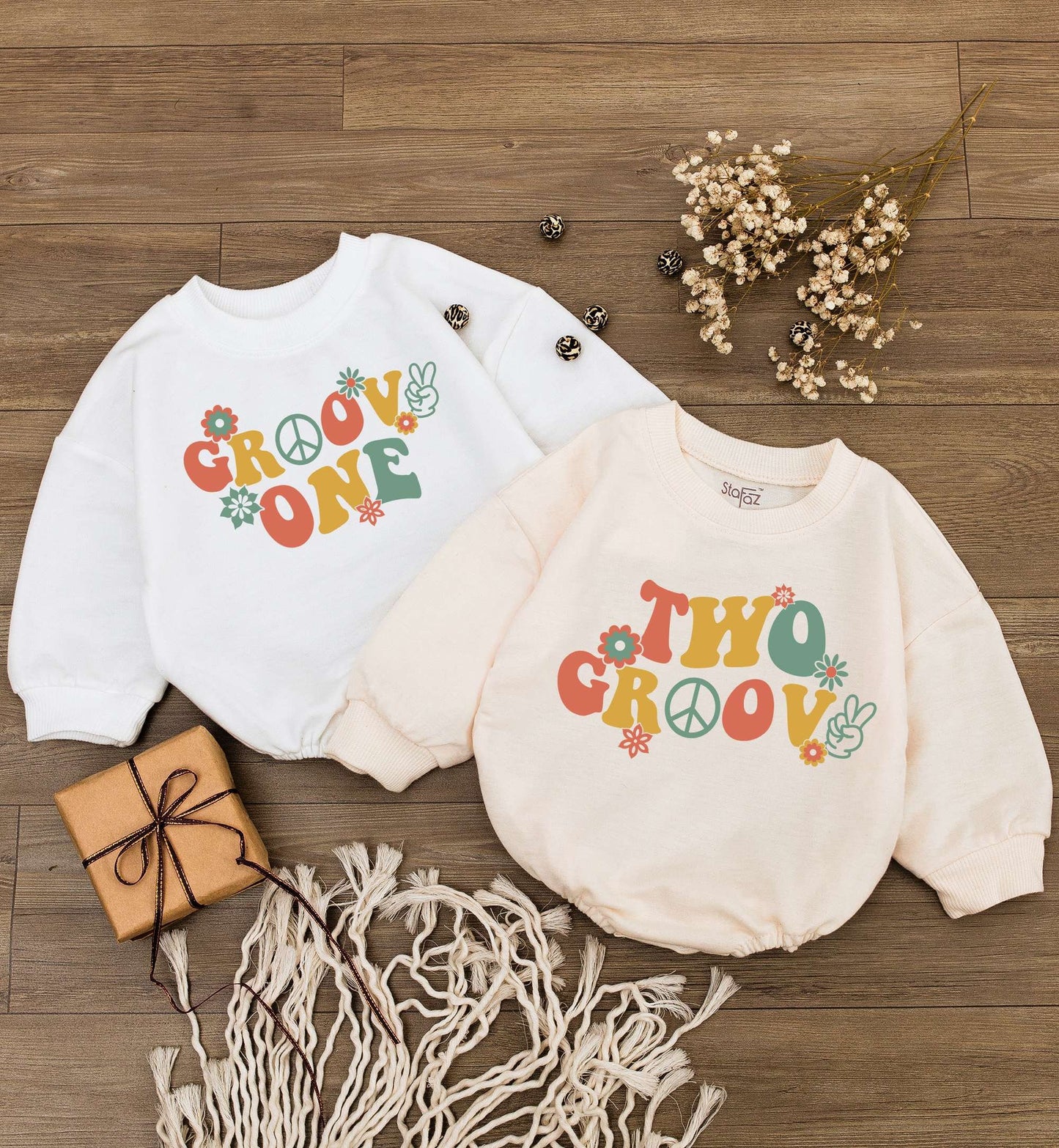 Groovy One Two Birthday Baby Bodysuit Toddler Tee 70s Retro Kids Outfit First Fifth Party Gift Orange Yellow Green Floral Peace Sign