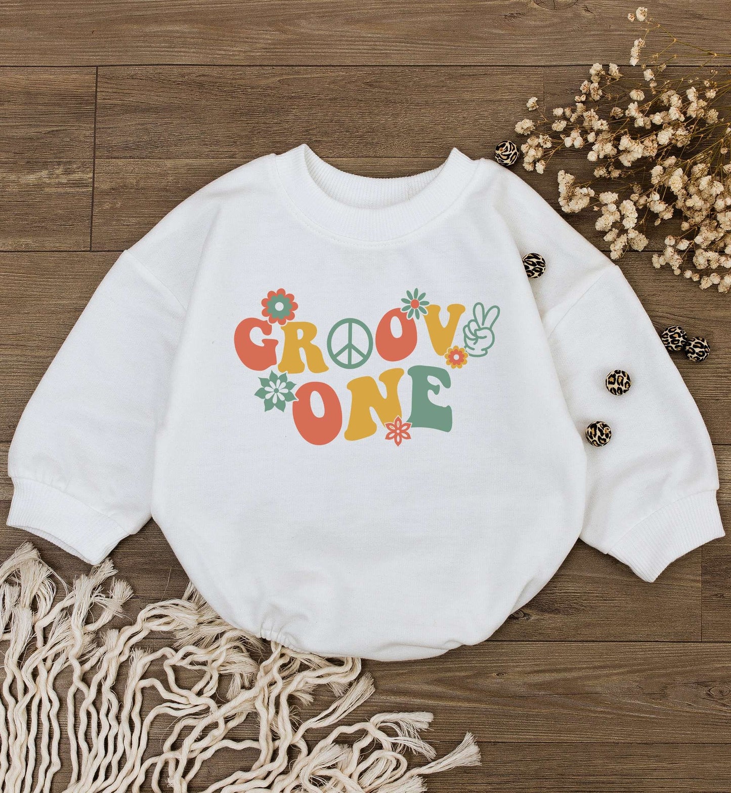 Groovy One Two Birthday Baby Bodysuit Toddler Tee 70s Retro Kids Outfit First Fifth Party Gift Orange Yellow Green Floral Peace Sign