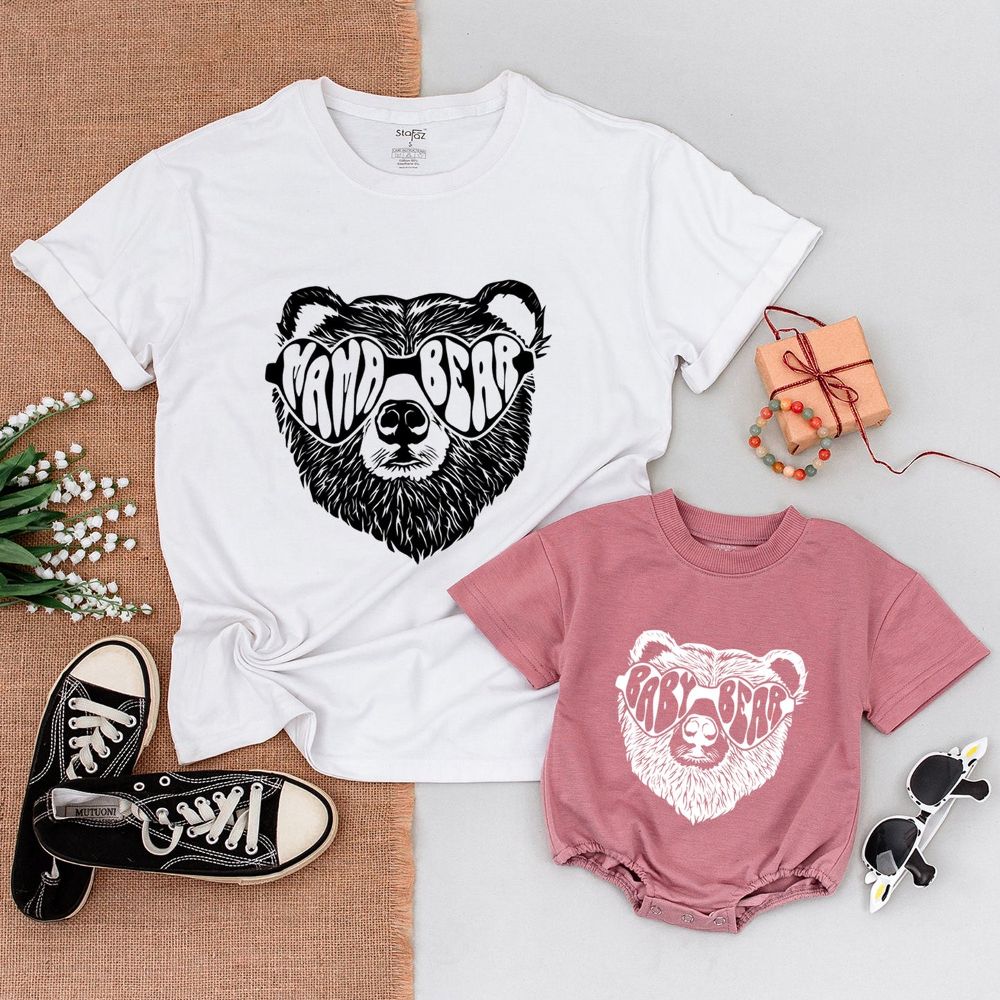 Personalized Family Bear Matching Shirts featuring Distressed Sunglass Bear High Contrast Monochrome Design Mama Papa Baby Bear Camping