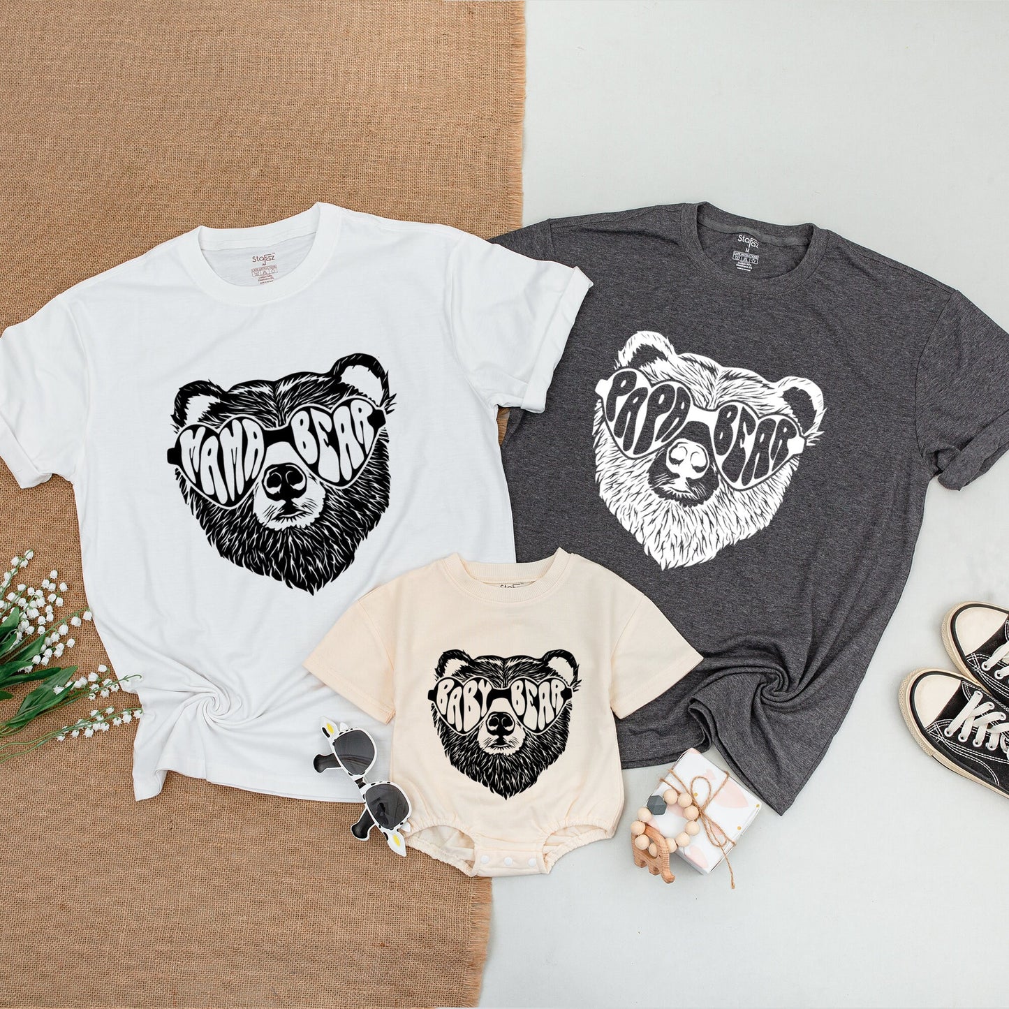 Personalized Family Bear Matching Shirts featuring Distressed Sunglass Bear High Contrast Monochrome Design Mama Papa Baby Bear Camping