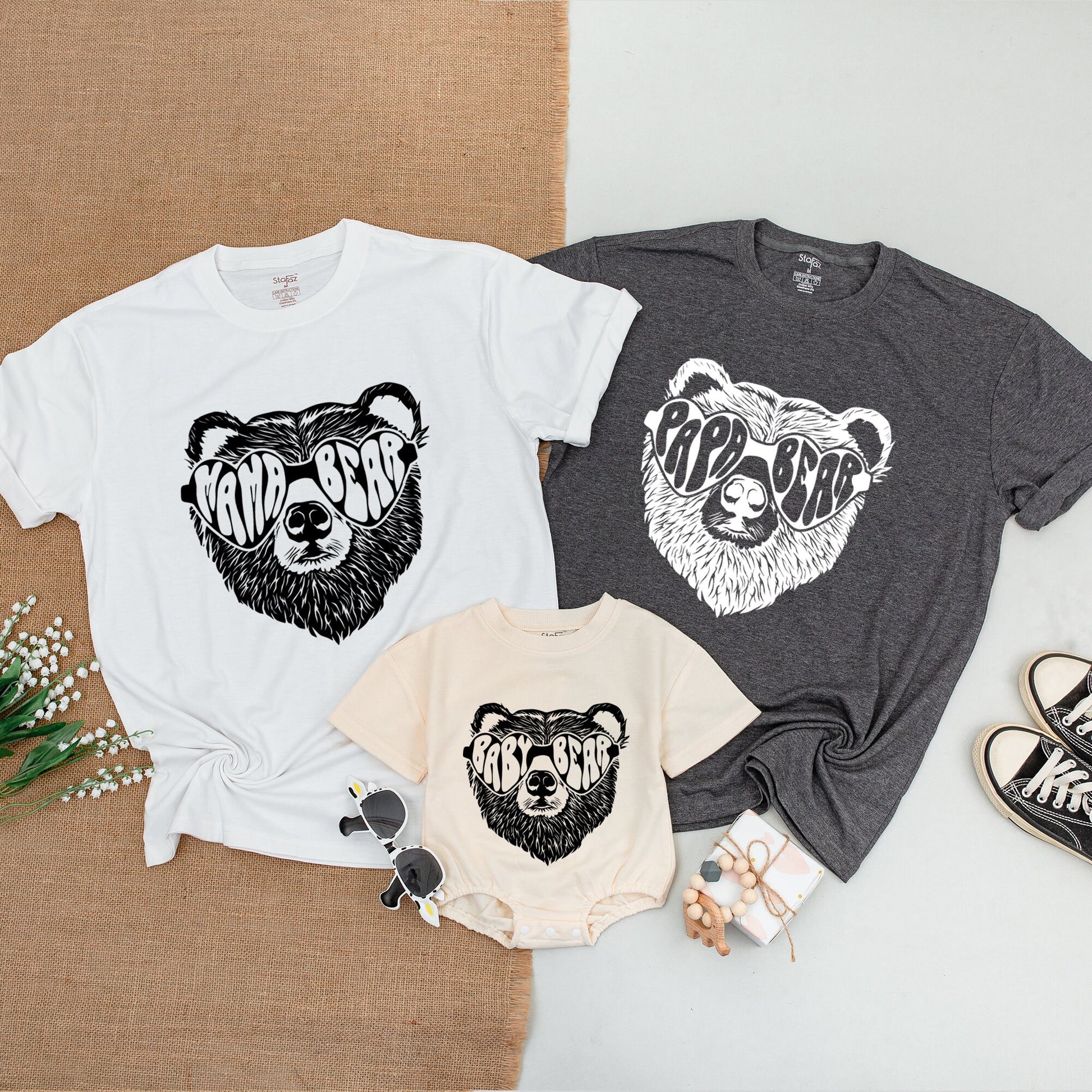 Personalized Family Bear Matching Shirts featuring Distressed Sunglass Bear High Contrast Monochrome Design Mama Papa Baby Bear Camping