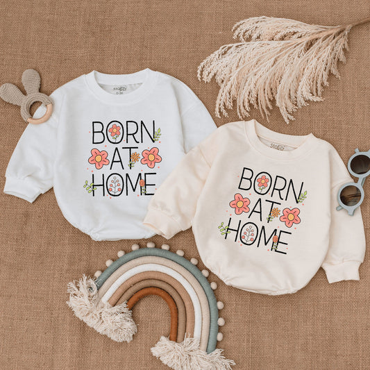 Born At Home Baby Romper with Sweet Peach Floral Design Newborn Clothes Perfect for Home Birth Announcement or Gift