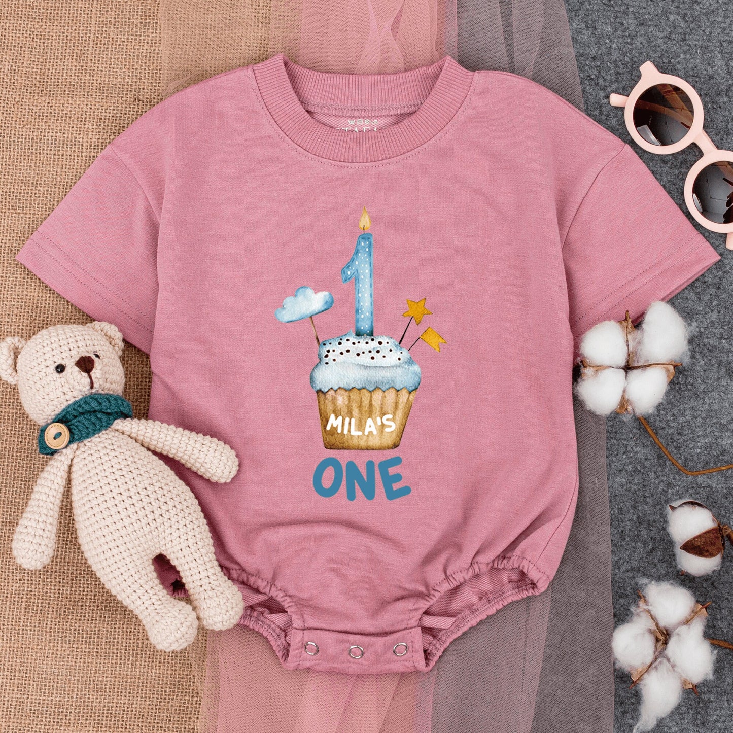 Mila's First Birthday Romper, Blue Cupcake & Candle Outfit, Soft Cotton Short Sleeve Bodysuit, Custom One Year Old Boy or Girl Party Clothes 1st Bday