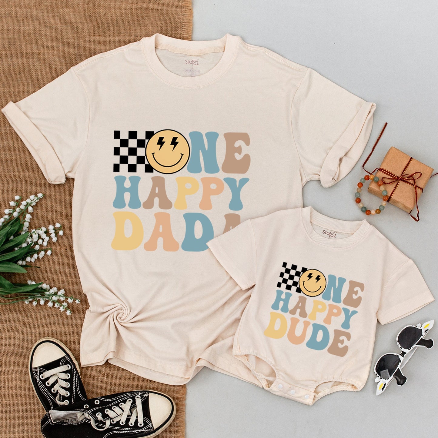 One Happy Dude 1st Birthday Shirt Retro Smiley Face Mama Matching Outfit Baby Bodysuit