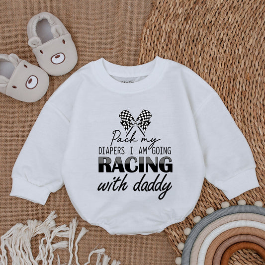 Pack My Diapers Racing With Daddy Bodysuit,Cute Baby Boy Clothes Set,First Father's Day Outfit,Playful Newborn Romper,Checkered Flags,Gift 137