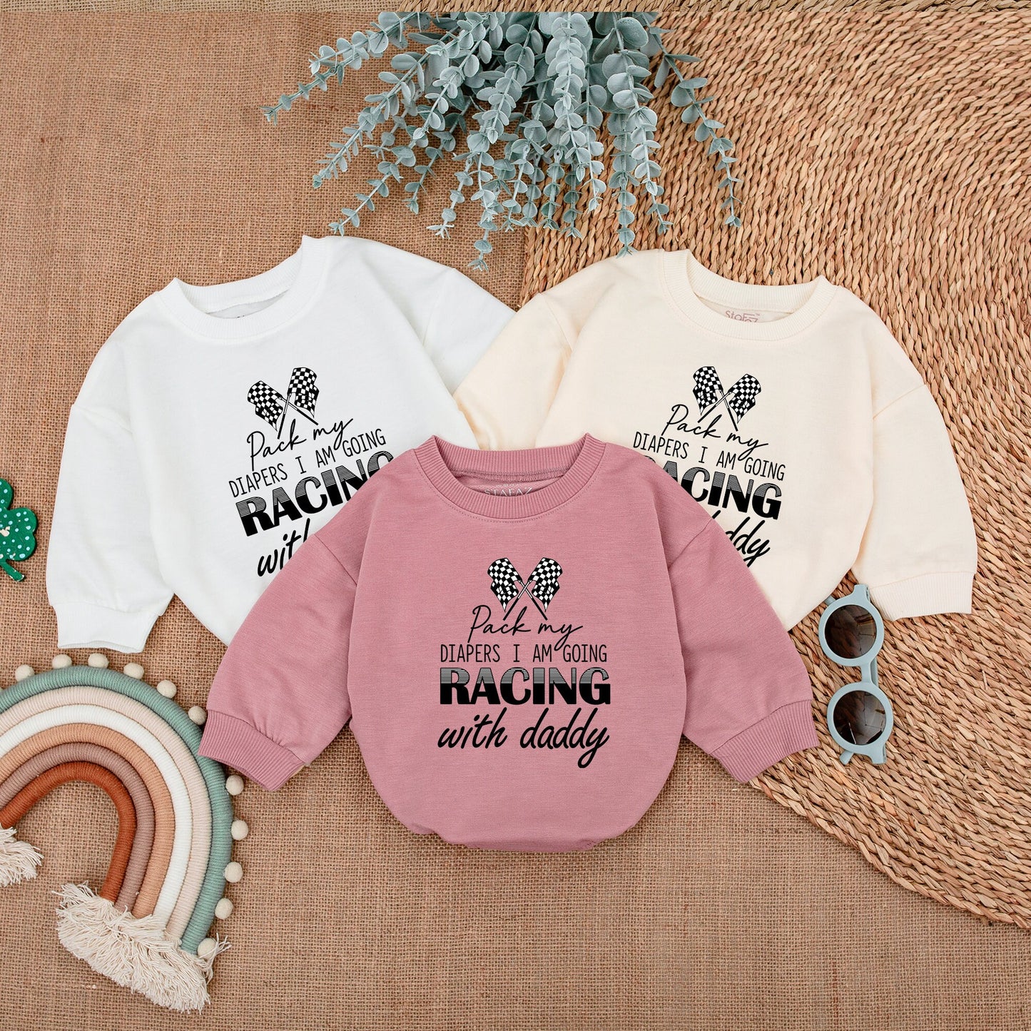 Pack My Diapers Racing With Daddy Bodysuit,Cute Baby Boy Clothes Set,First Father's Day Outfit,Playful Newborn Romper,Checkered Flags,Gift 137