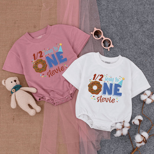 Personalized Half Birthday Donut Romper Outfit with Sprinkles Party Hat 1/2 Way to ONE Blue Custom Name Baby Boy