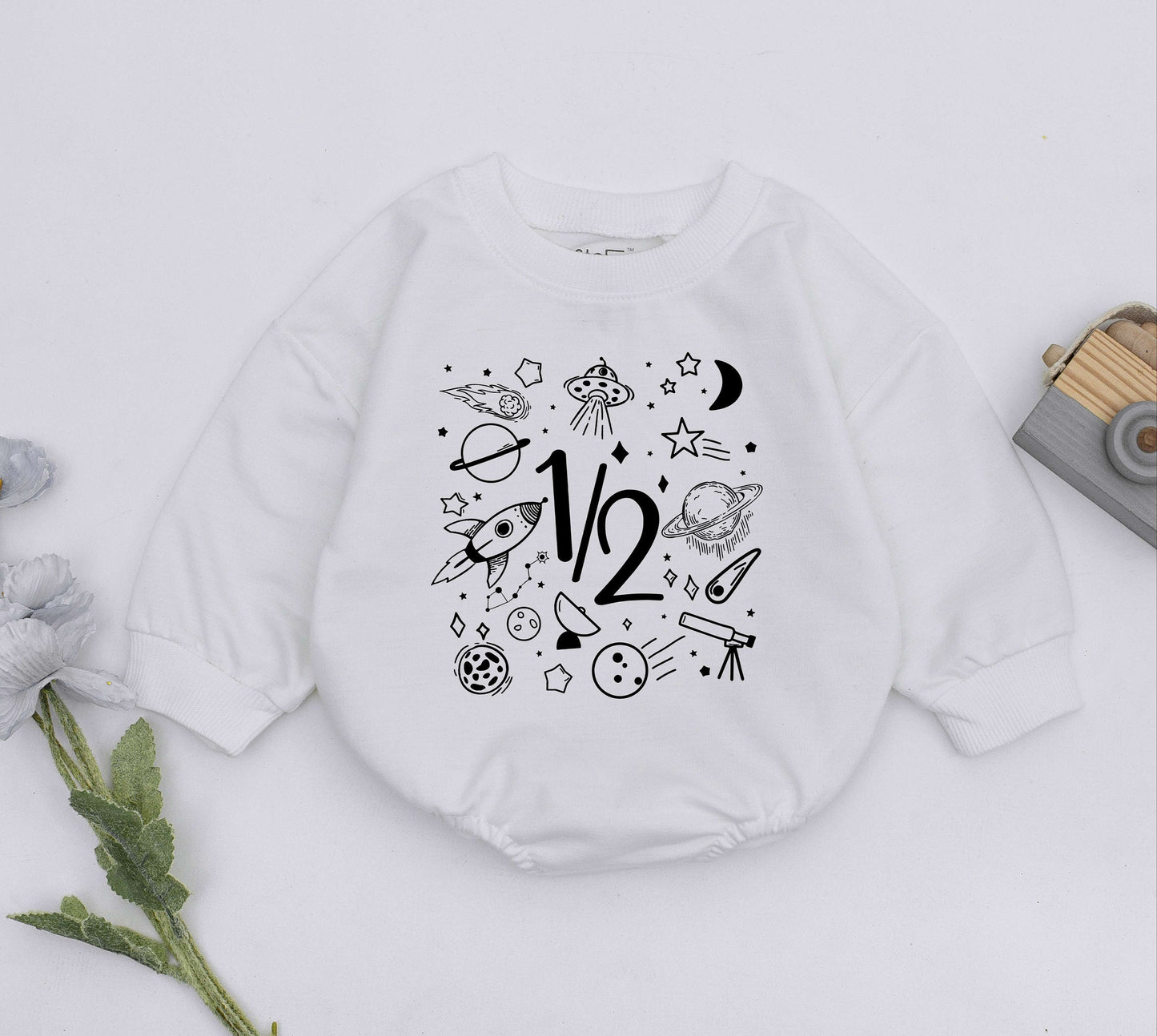 Whimsical Space Half Birthday Boy Romper with 1/2 Text for 6 Months Celebration Planets Stars Rocket Moon UFO Black Ink Newborn Baby Outfit Gift