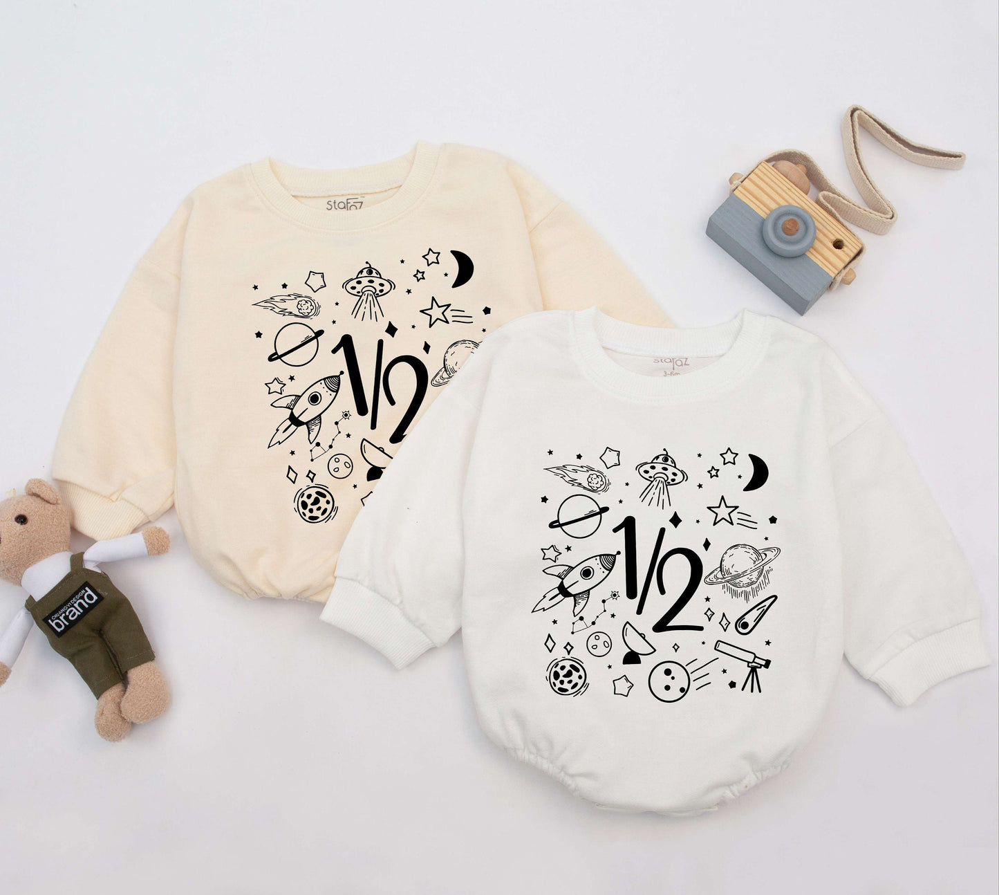 Whimsical Space Half Birthday Boy Romper with 1/2 Text for 6 Months Celebration Planets Stars Rocket Moon UFO Black Ink Newborn Baby Outfit Gift