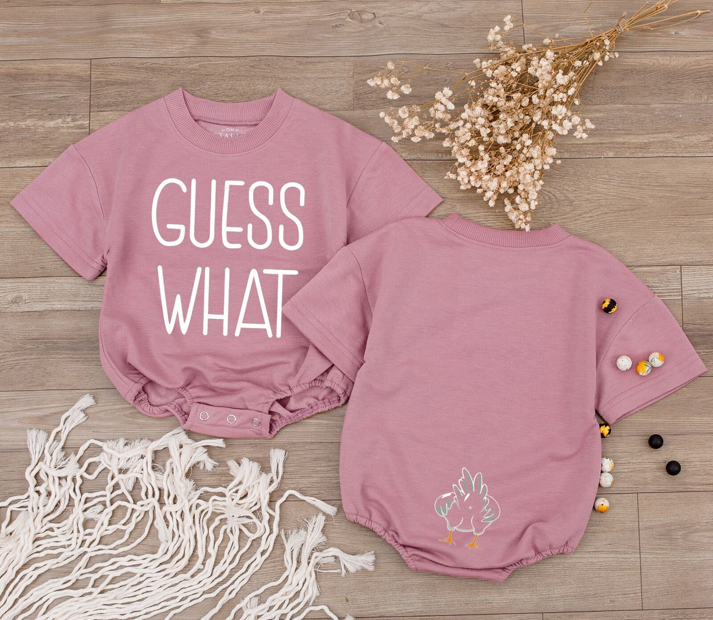 Guess What Chicken Butt Baby Romper Funny Baby Bodysuit Baby Shower Gift Gender Neutral Gift Rae Dunn Double Sided