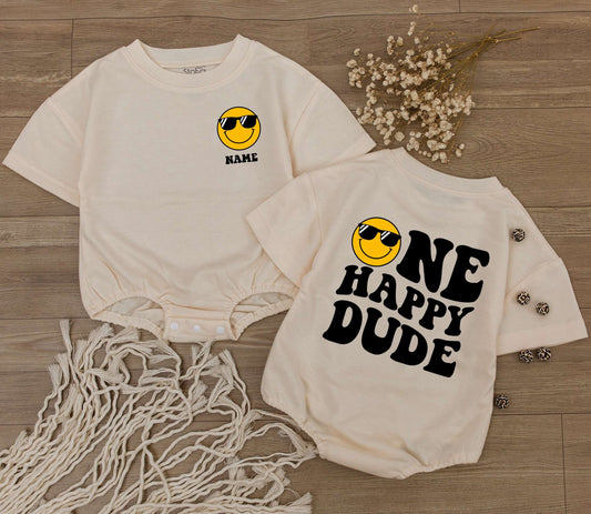 One Happy Dude First Birthday Bodysuit Smiley Face Outfit, Custom Name 1st Birthday Boy Shirt, Cool Dude Baby Clothes, Summer Tee Gift for Boy (138 chars)