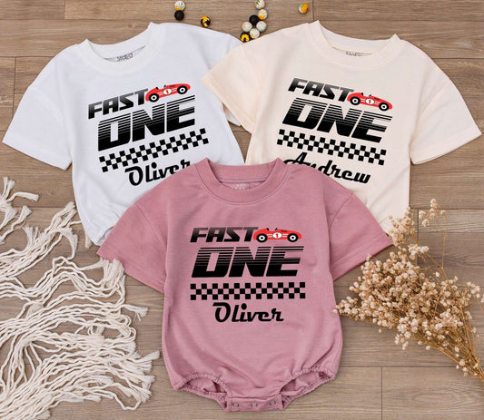 Fast One Race Car Romper: 1st Birthday Outfit & Family Tees