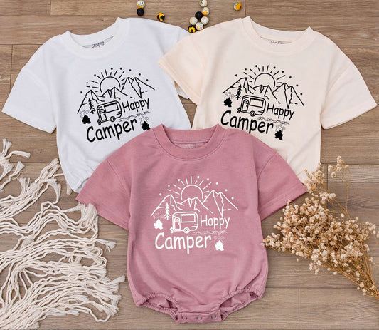 Happy Camper Outfit: Baby Romper & Retro Tee for Summer Adventure