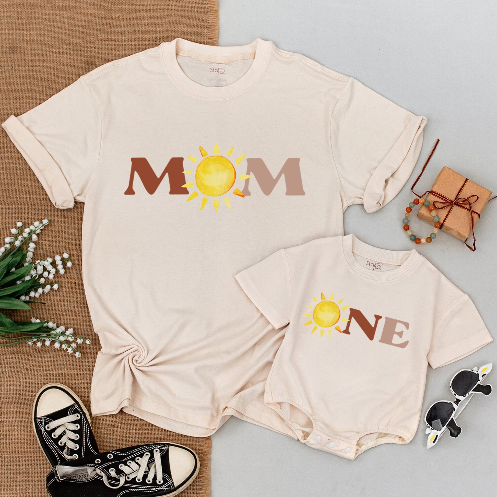 First Trip Around the Sun Birthday Matching Family Shirts & Bodysuit with Cheerful Yellow Sun DAD MOM BRO ONE Block Letters Design Soft Cotton