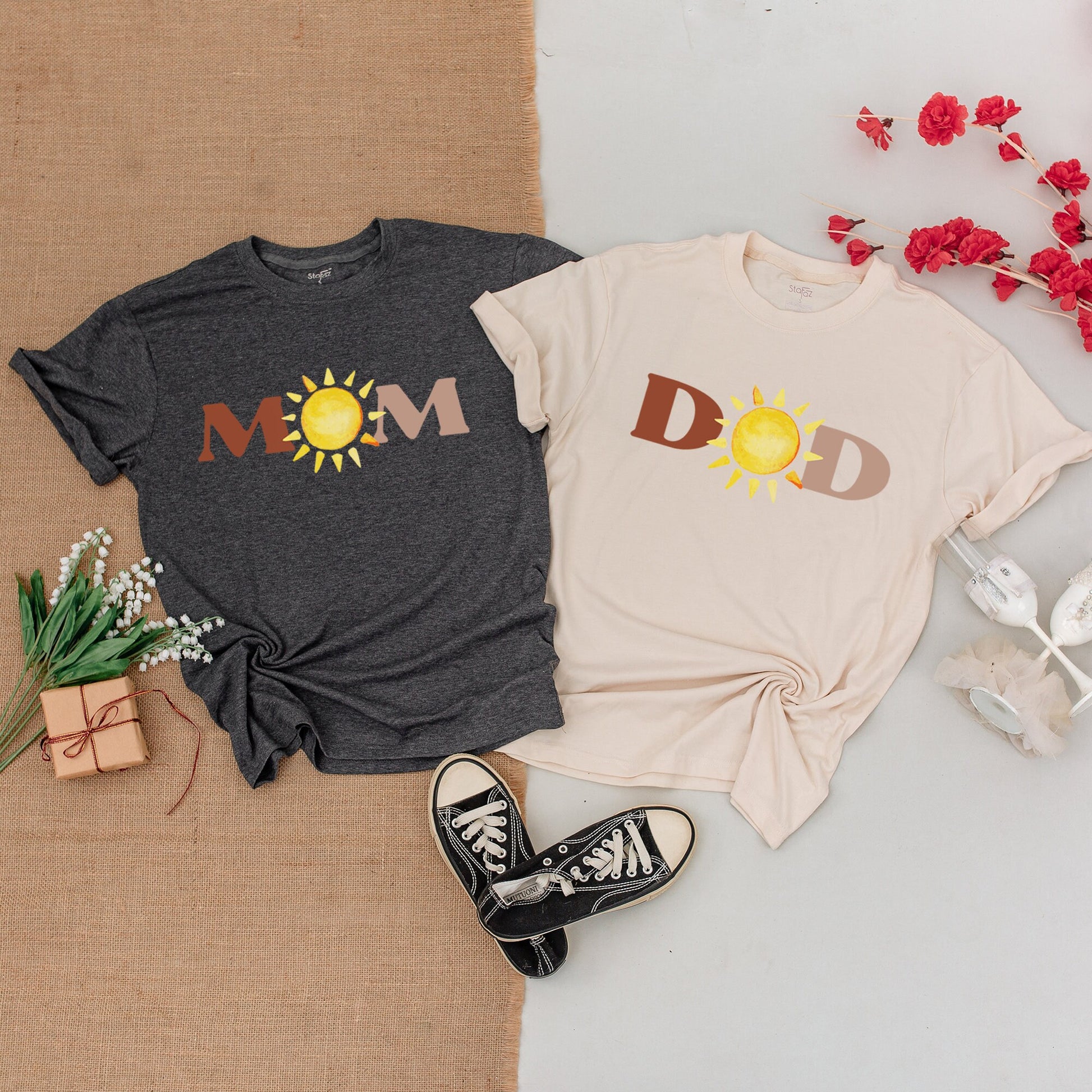 First Trip Around the Sun Birthday Matching Family Shirts & Bodysuit with Cheerful Yellow Sun DAD MOM BRO ONE Block Letters Design Soft Cotton