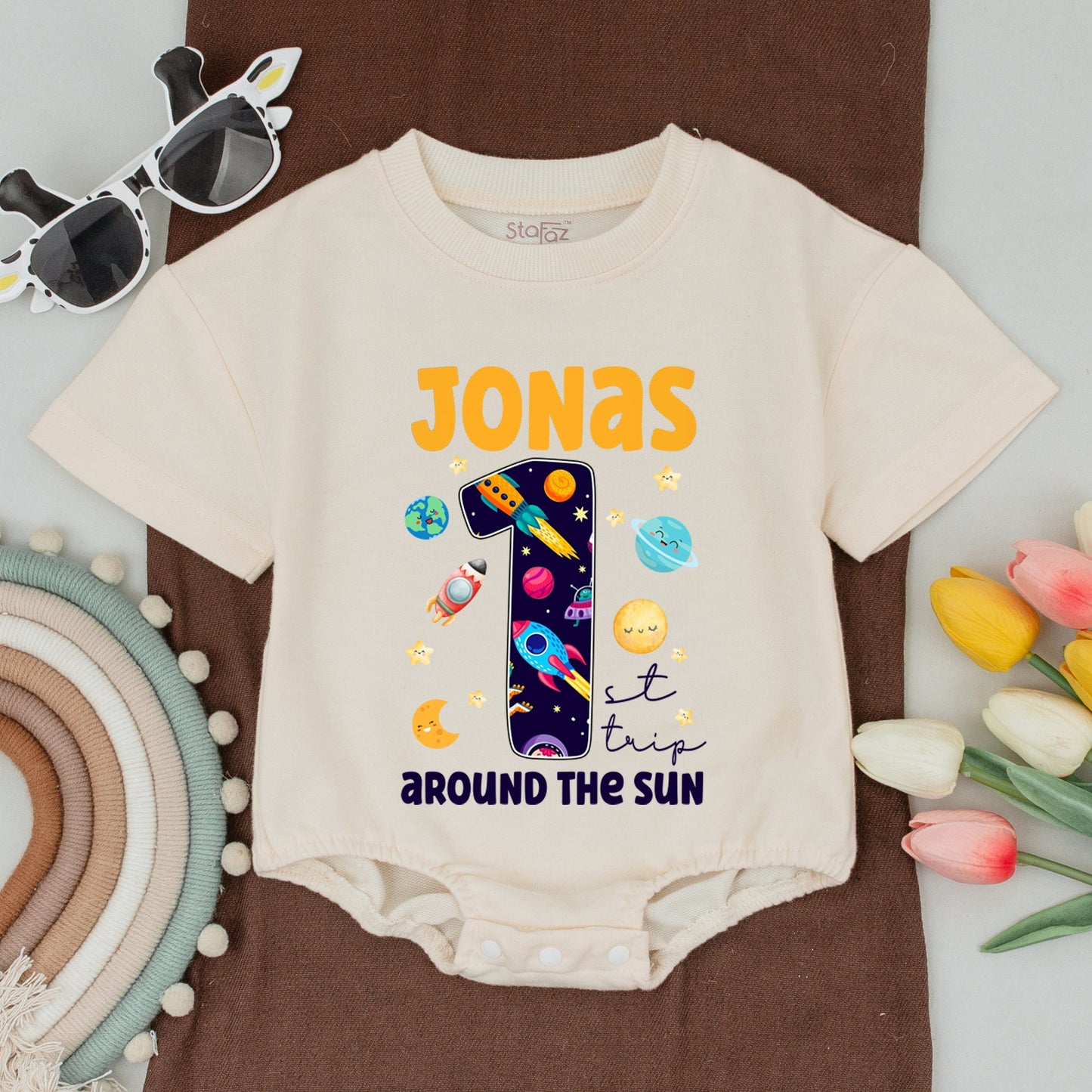 Personalized Space Birthday Matching Family Shirts & Bodysuit for 1st Trip Around The Sun, Whimsical Planets, Rockets, Stars for Mom Dad Bro Birthday Boy Jonas #1