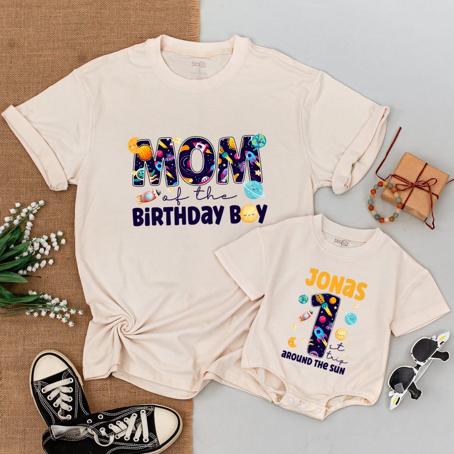 Personalized Space Birthday Matching Family Shirts & Bodysuit for 1st Trip Around The Sun, Whimsical Planets, Rockets, Stars for Mom Dad Bro Birthday Boy Jonas #1