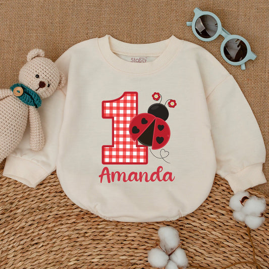 Personalized Ladybug 1st Birthday Romper Red Checkered One Name Bodysuit Cute Heart Spots Flowers Baby Girl Smash Cake Outfit