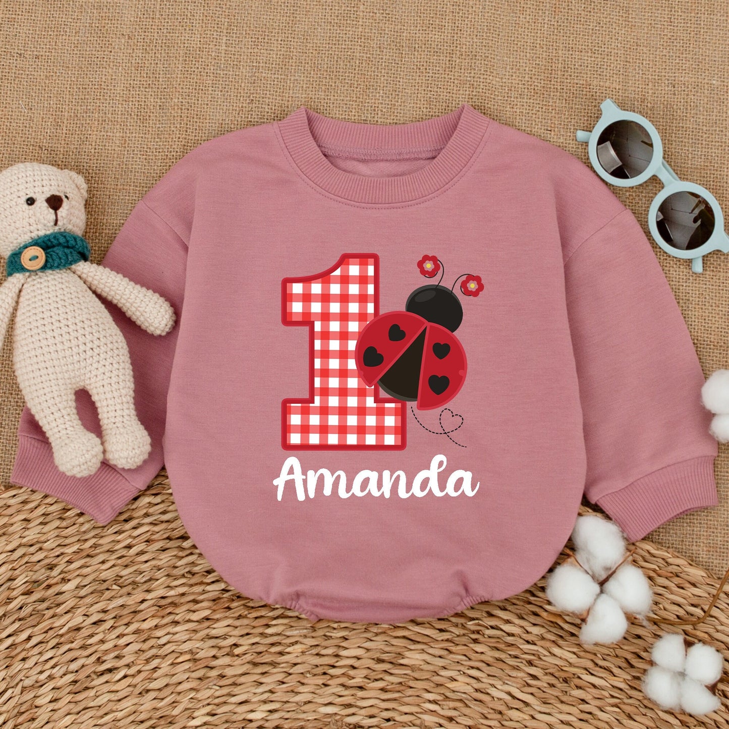Personalized Ladybug 1st Birthday Romper Red Checkered One Name Bodysuit Cute Heart Spots Flowers Baby Girl Smash Cake Outfit