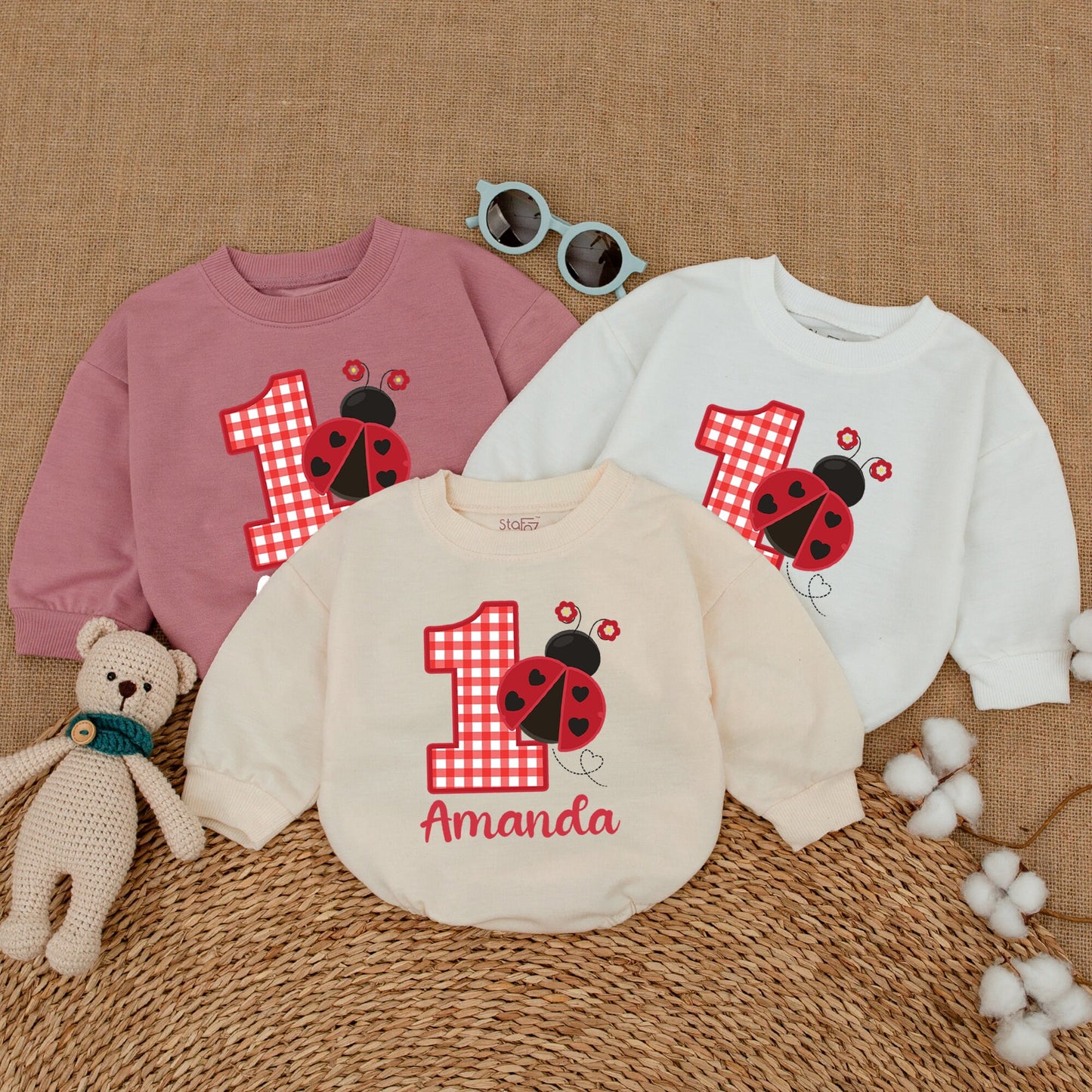 Personalized Ladybug 1st Birthday Romper Red Checkered One Name Bodysuit Cute Heart Spots Flowers Baby Girl Smash Cake Outfit