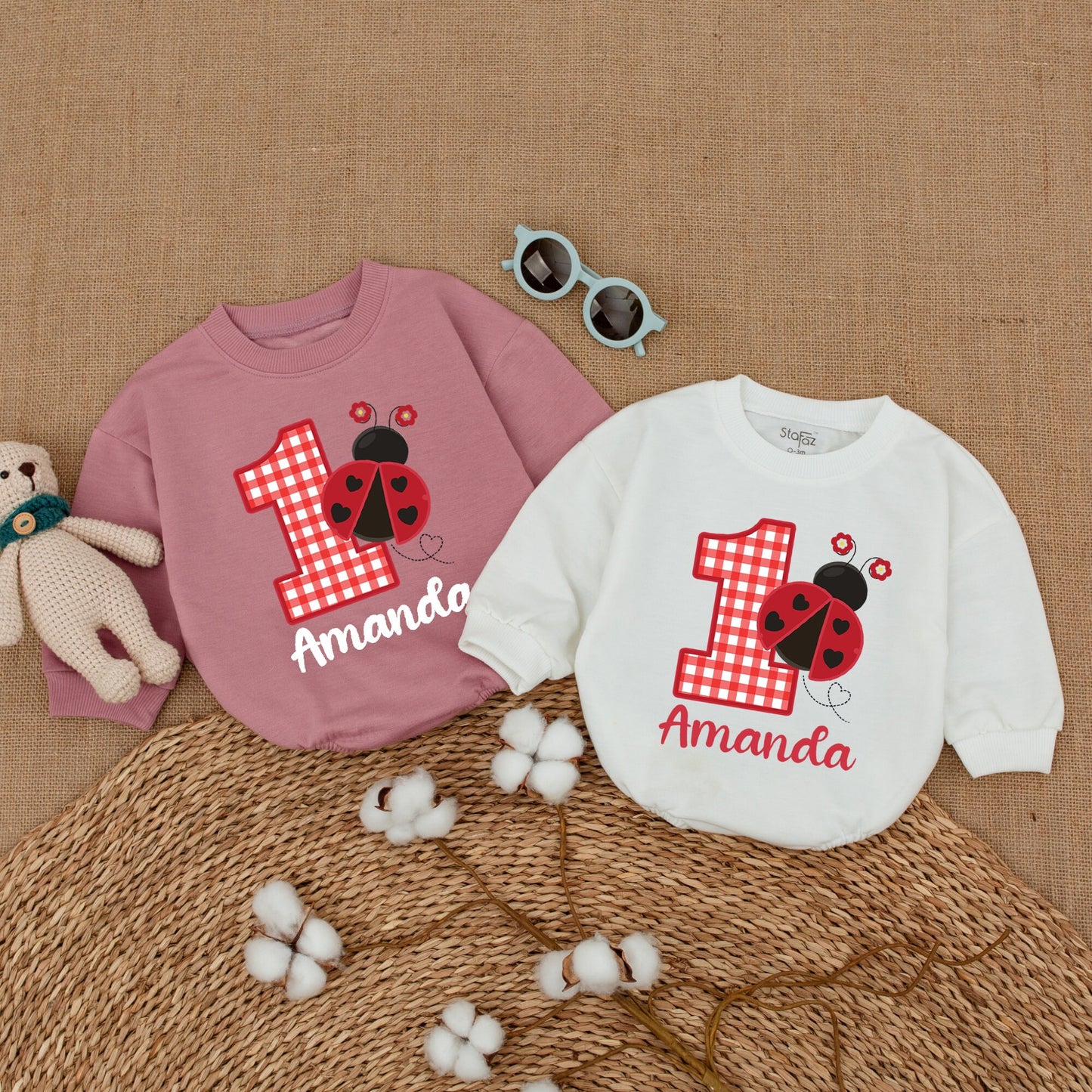 Personalized Ladybug 1st Birthday Romper Red Checkered One Name Bodysuit Cute Heart Spots Flowers Baby Girl Smash Cake Outfit