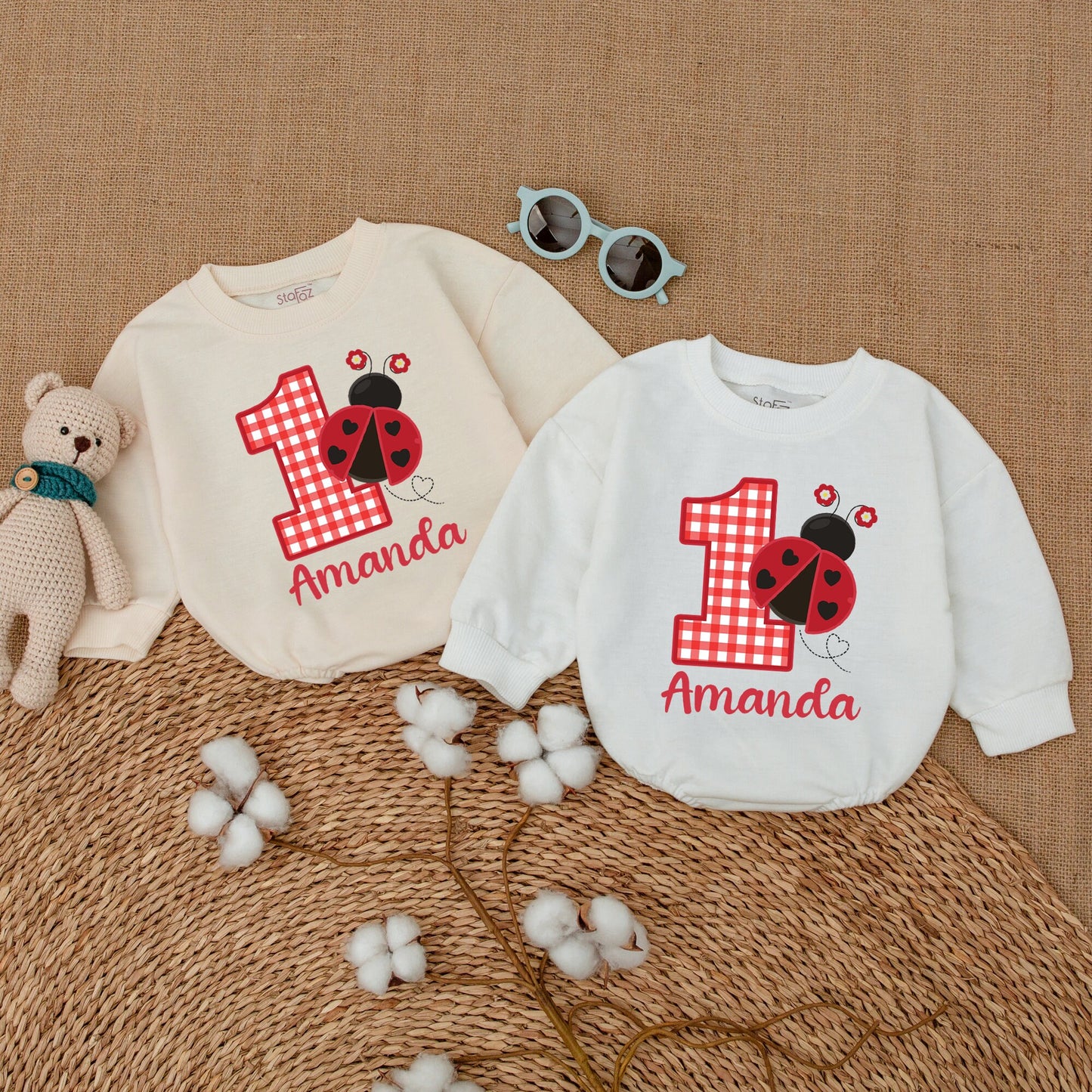 Personalized Ladybug 1st Birthday Romper Red Checkered One Name Bodysuit Cute Heart Spots Flowers Baby Girl Smash Cake Outfit