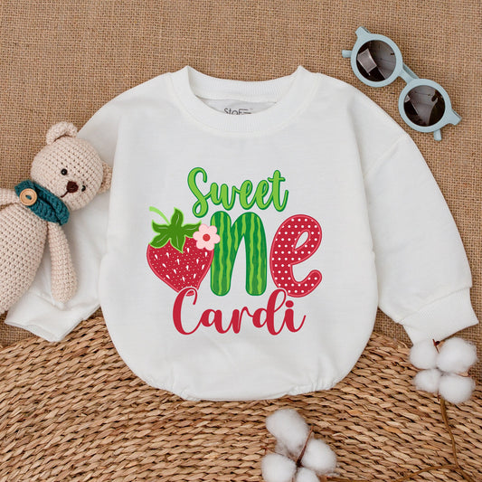 Personalized Sweet One Strawberry Birthday Bubble Romper Baby Girl First Birthday Smash Cake Outfit Playful Fruit Design Green Red Script Baby Shower Gift