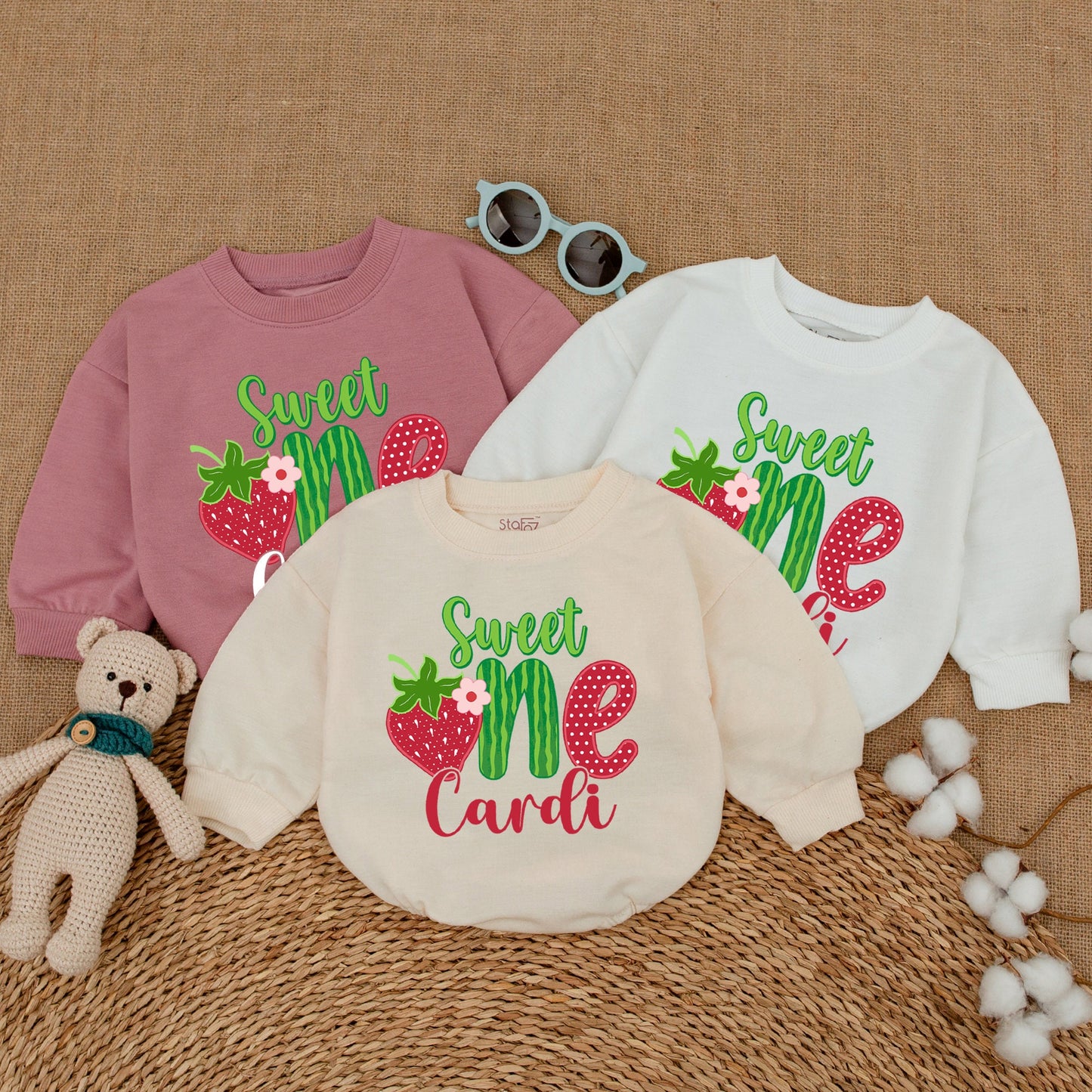 Personalized Sweet One Strawberry Birthday Bubble Romper Baby Girl First Birthday Smash Cake Outfit Playful Fruit Design Green Red Script Baby Shower Gift