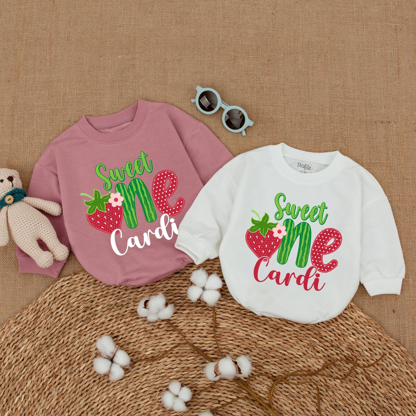Personalized Sweet One Strawberry Birthday Bubble Romper Baby Girl First Birthday Smash Cake Outfit Playful Fruit Design Green Red Script Baby Shower Gift
