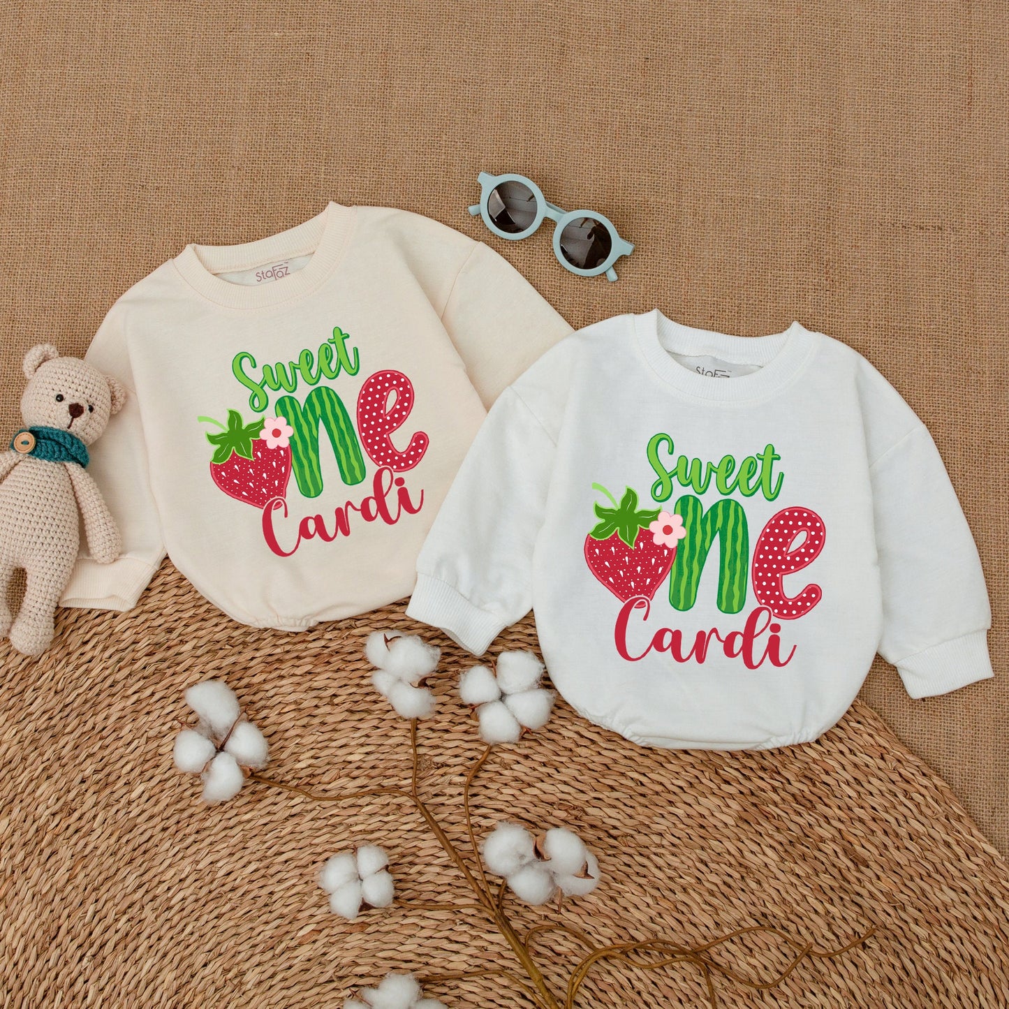 Personalized Sweet One Strawberry Birthday Bubble Romper Baby Girl First Birthday Smash Cake Outfit Playful Fruit Design Green Red Script Baby Shower Gift