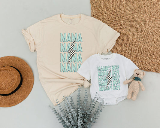 Mama and Son Matching Outfits featuring Stacked Mamas Boy Teal Lightning Bolt Modern Checkerboard Playful Toddler Baby Shower Gift