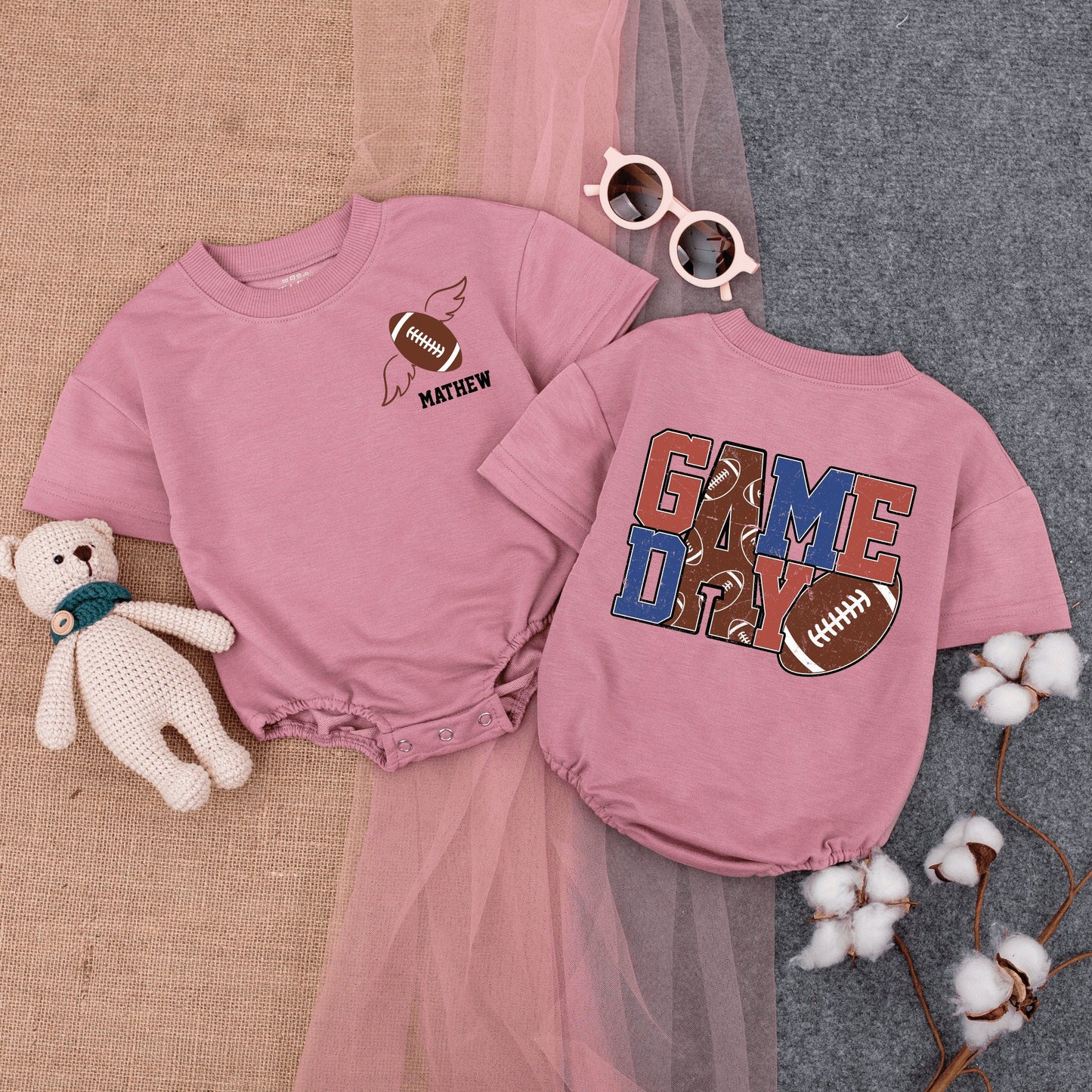 Custom "Mathew" Football Wings Romper for Baby Boys & Girls Game Day Outfit Vintage Football Style Infant Bodysuit