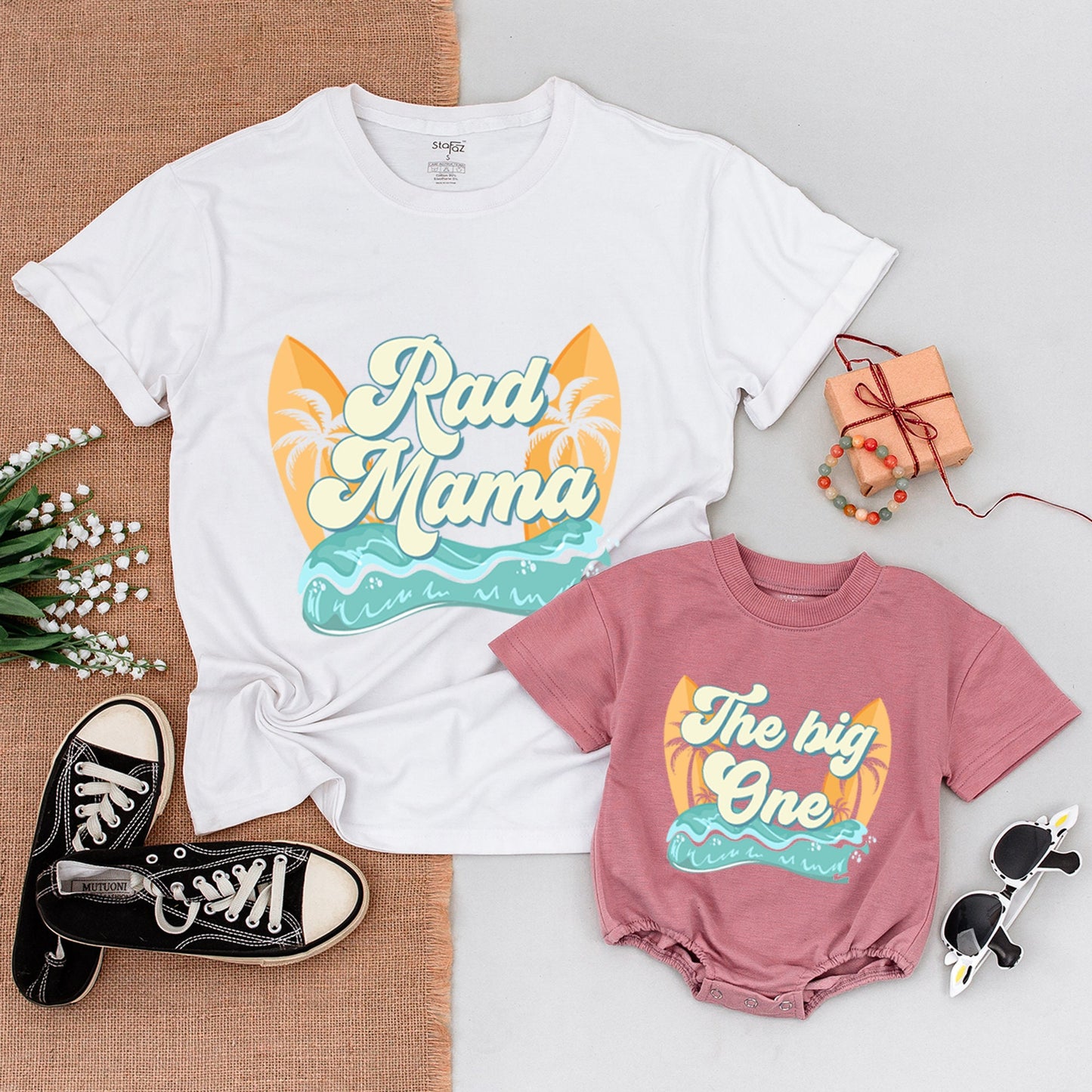 The Big One First Birthday Surf Family Matching Outfits Rad Daddy Mommy and Me Bodysuit Shirt Vintage Retro Beach Party Wave Design Celebration