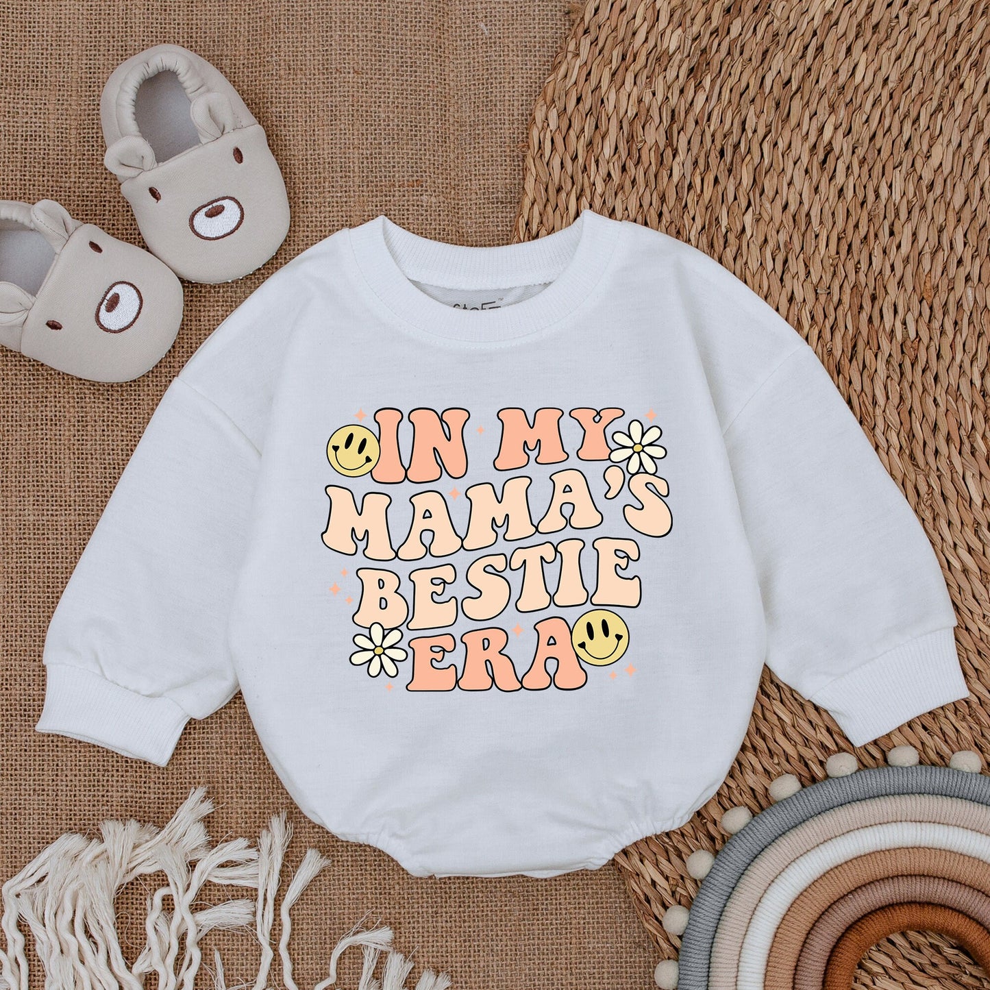 My Mama's Bestie Era Baby Girl Romper Cheerful Vintage Smiley Daisy Outfit Soft Cotton Bodysuit Sweet Mother's Day Gift