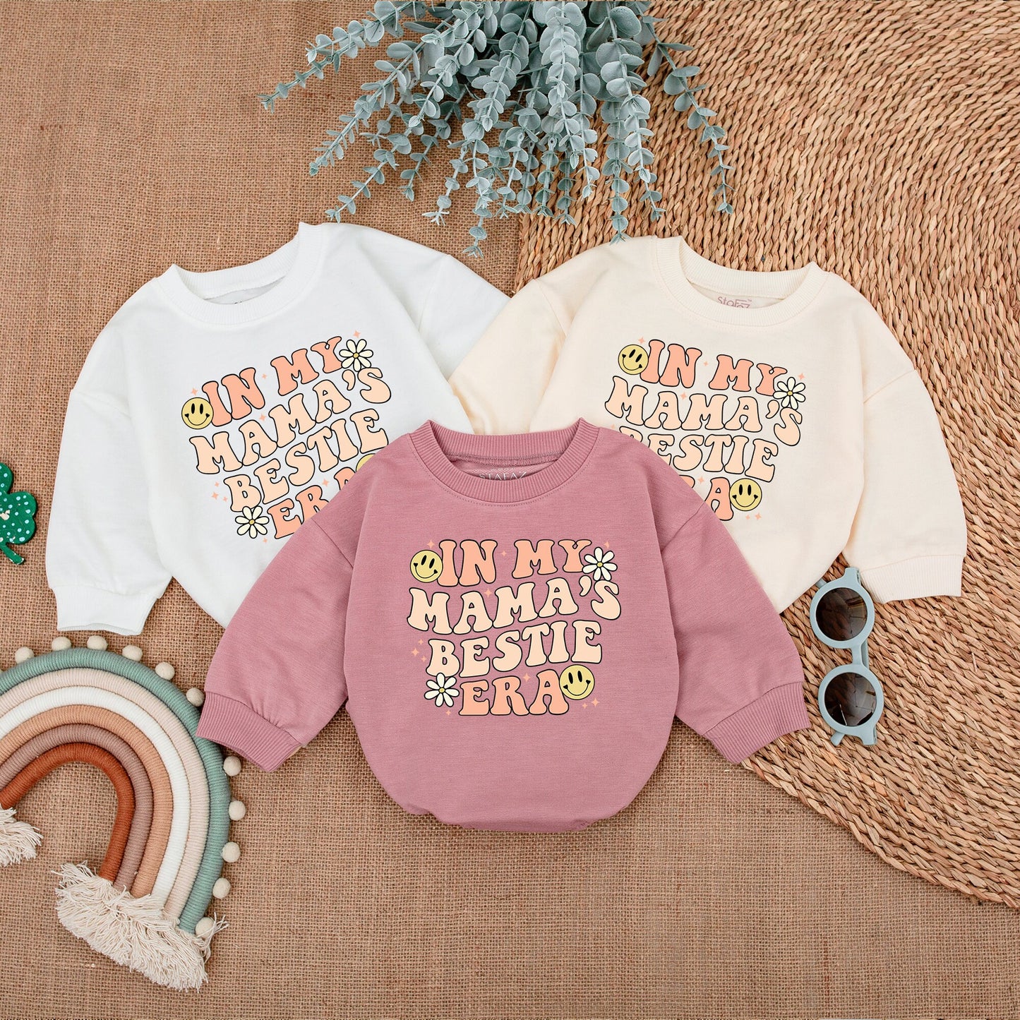 My Mama's Bestie Era Baby Girl Romper Cheerful Vintage Smiley Daisy Outfit Soft Cotton Bodysuit Sweet Mother's Day Gift