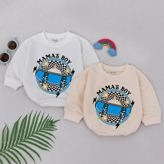 Mama's Boy Baby Romper Blue Skateboard Checkered Design Playful Lightning Star Smiley Face Newborn Bodysuit Outfit Little Boy Gift