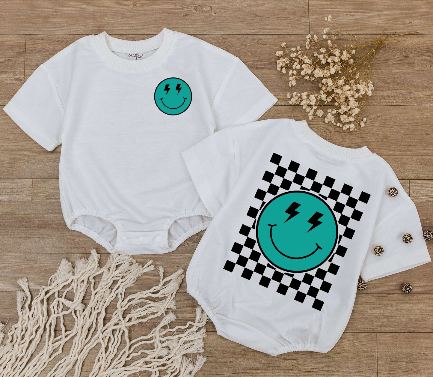 Playful Retro Smiley Face Teal Black Checkered Romper with Lightning Bolt Eyes Baby Bodysuit Newborn Outfit Shower Gift