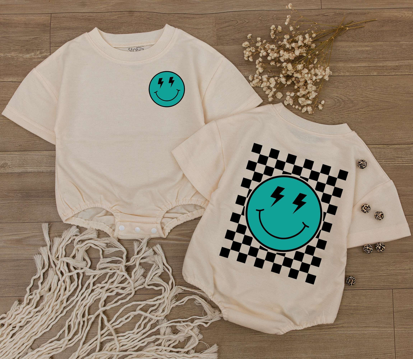 Playful Retro Smiley Face Teal Black Checkered Romper with Lightning Bolt Eyes Baby Bodysuit Newborn Outfit Shower Gift
