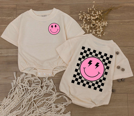 Retro Pink Smiley Face Baby Romper Lightning Bolt Eyes Checkered Back Graphic Outfit, Newborn Gift, Birthday Shirt, Fun Infant Clothes, 136 chars