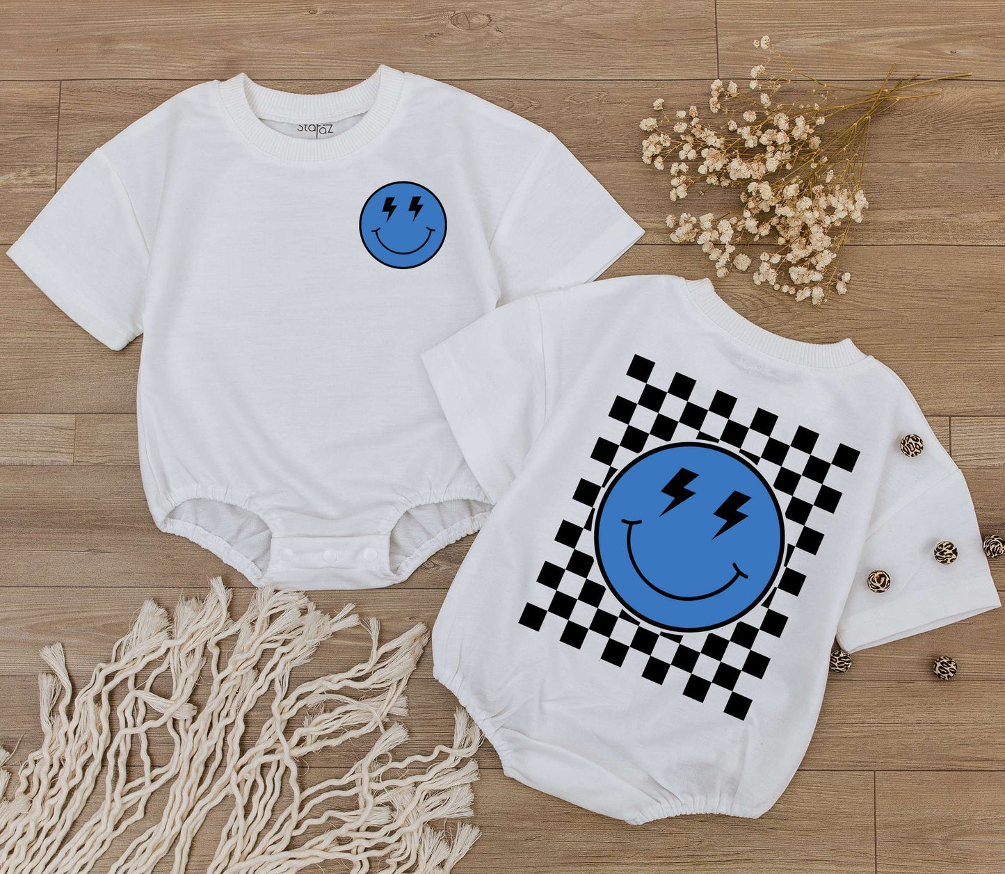 Retro Blue Smiley Face Romper with Lightning Eyes and Checkered Back Outfit Baby Toddler Clothes Perfect Baby Shower Gift Newborn Essentials